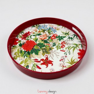 Flower painted round lacquer tray with red handles 40 cm